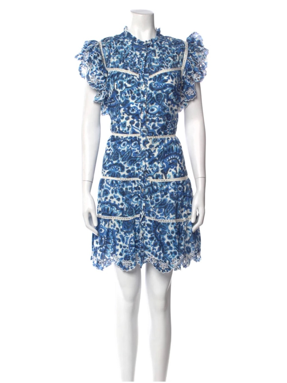 House of Harlow 1960 Melba Blue Floral Ruffle Lace-Trim Button Front Mini Dress
